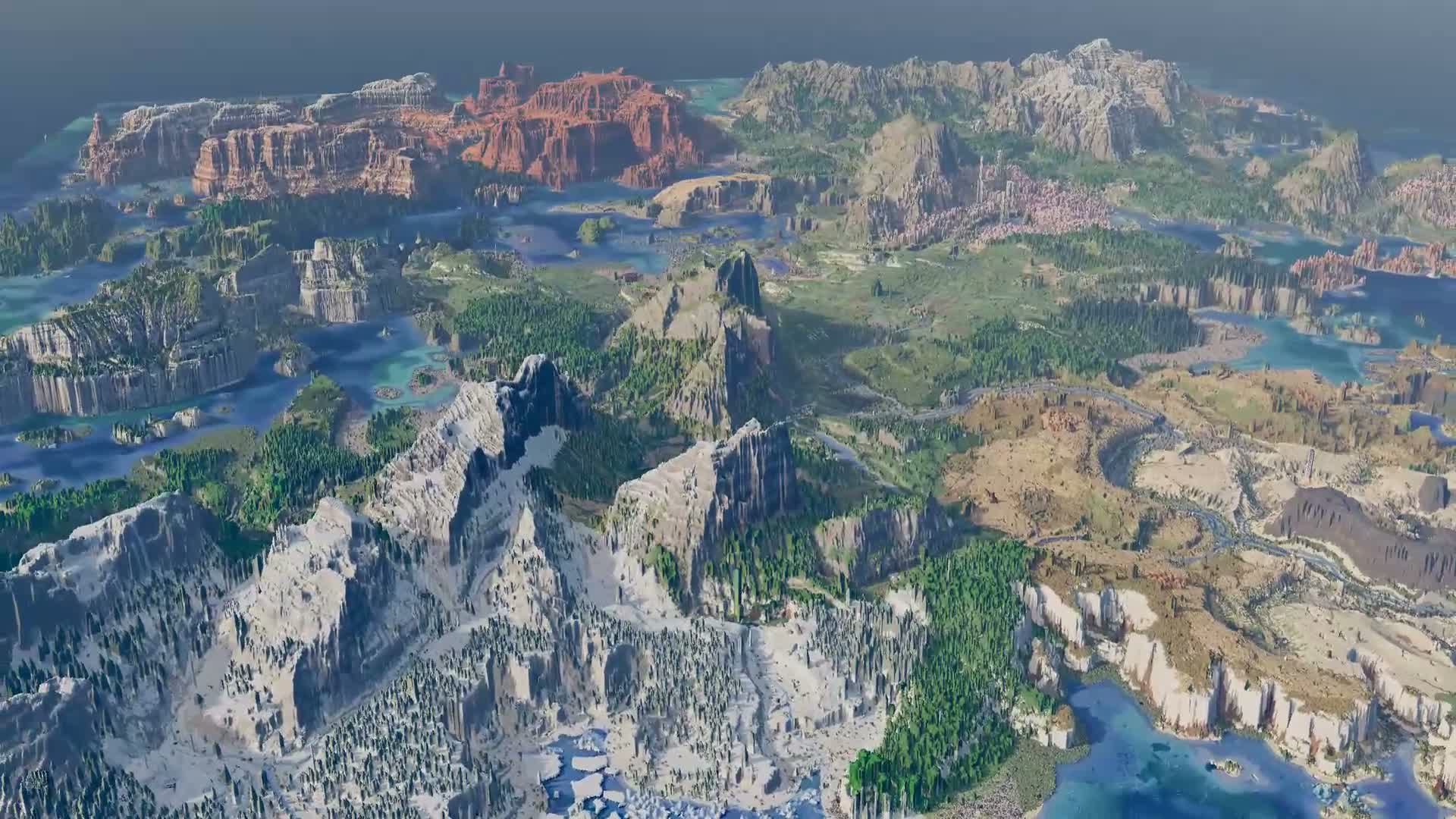 A broad snowy mountain landscape crossed by forests and rivers